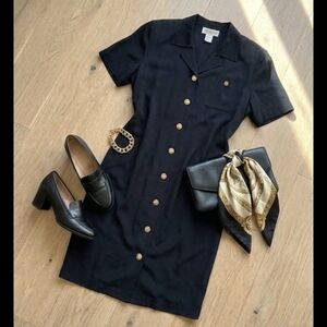 Vintage Talbots 100% Pure Silk Black Button Down Shirt Dress Midi Size 8 Gold